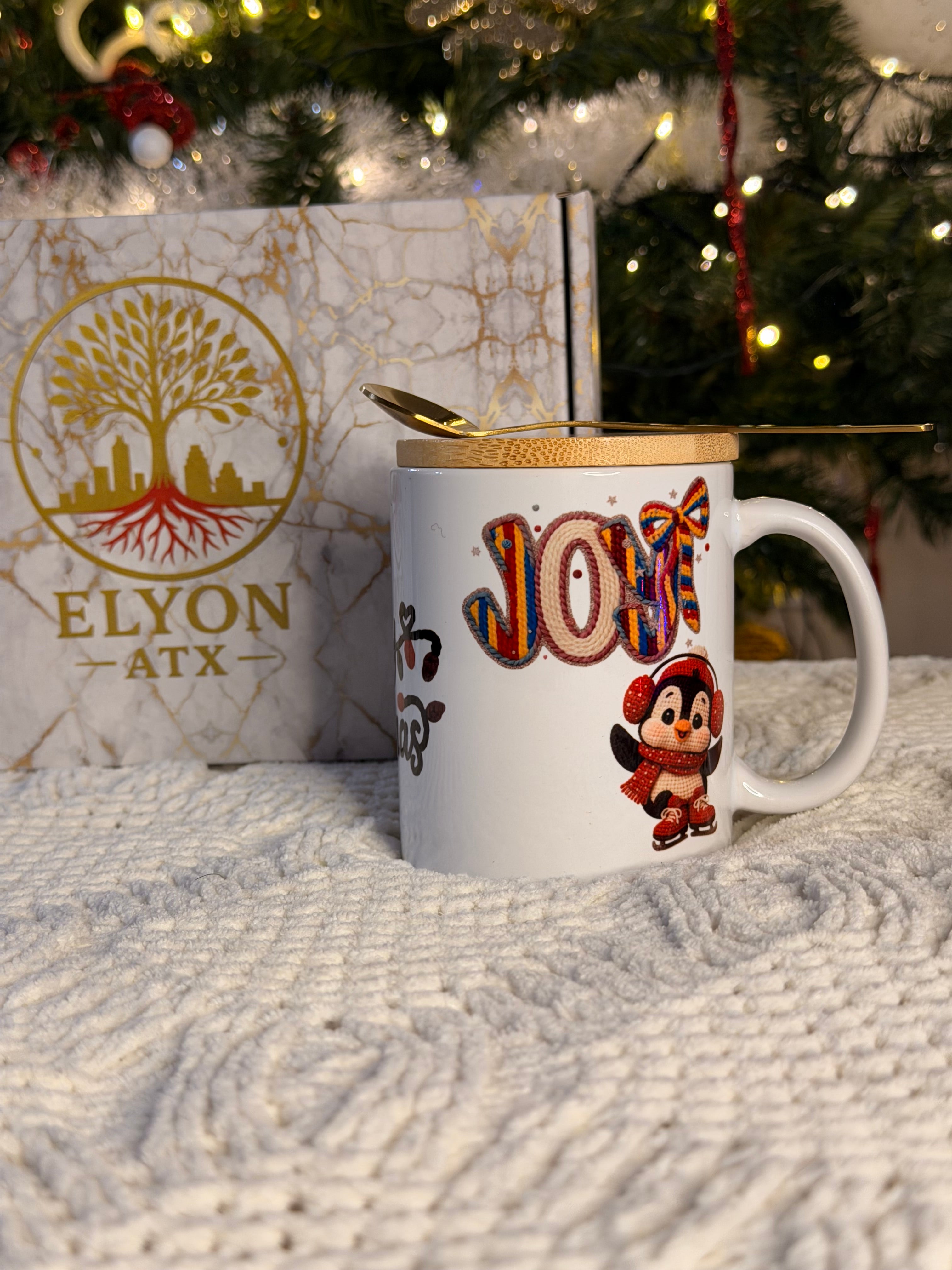 Premium Christmas Mug Gift Set (11oz) w/ Bamboo Lid & Gold Spoon | Cozy Christian & Holiday Designs - ELYON ATX