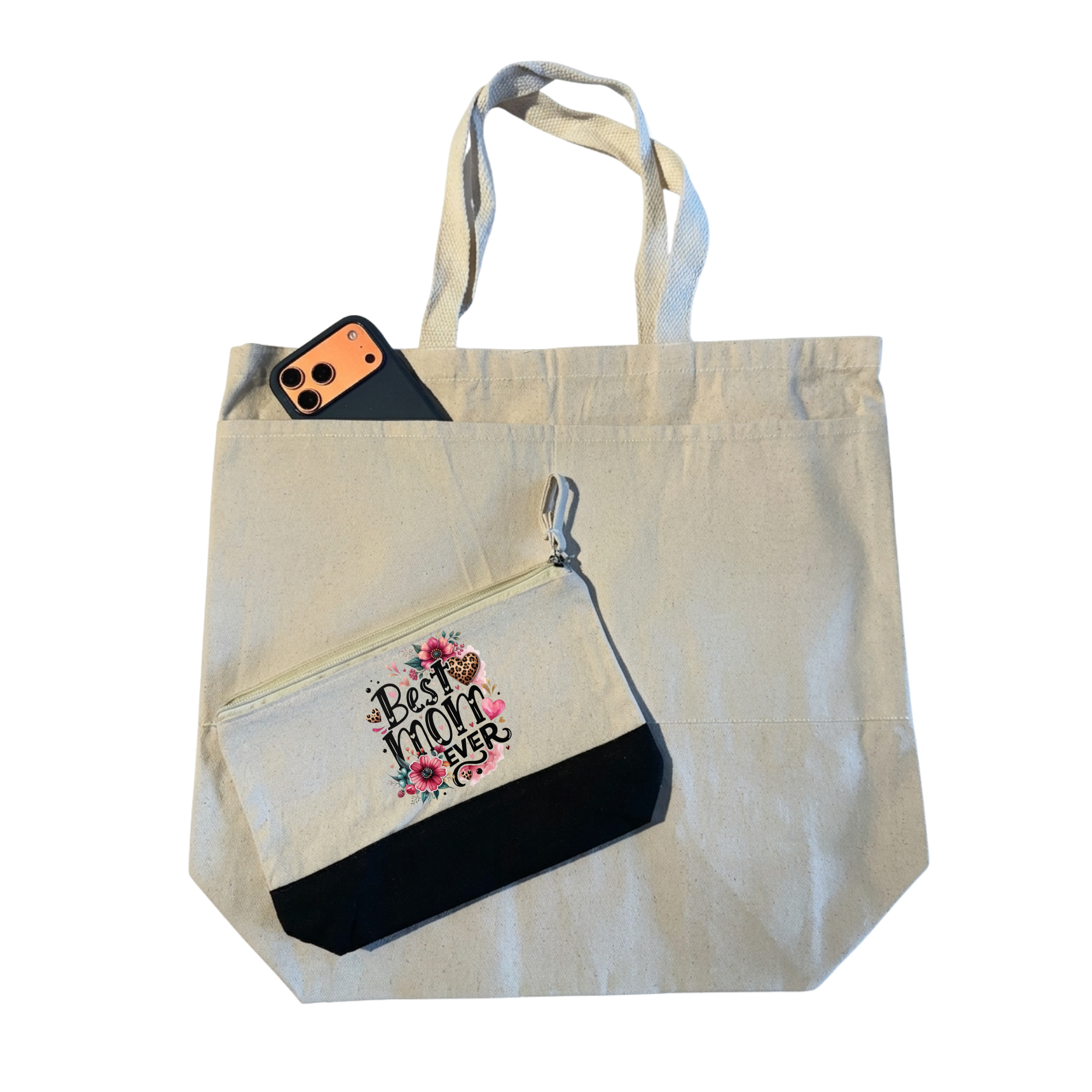 Best Mom Ever Gift Set - 3-Piece Premium Bundle: Canvas Tote Bag, Makeup Pouch & Butterfly Ceramic Mug