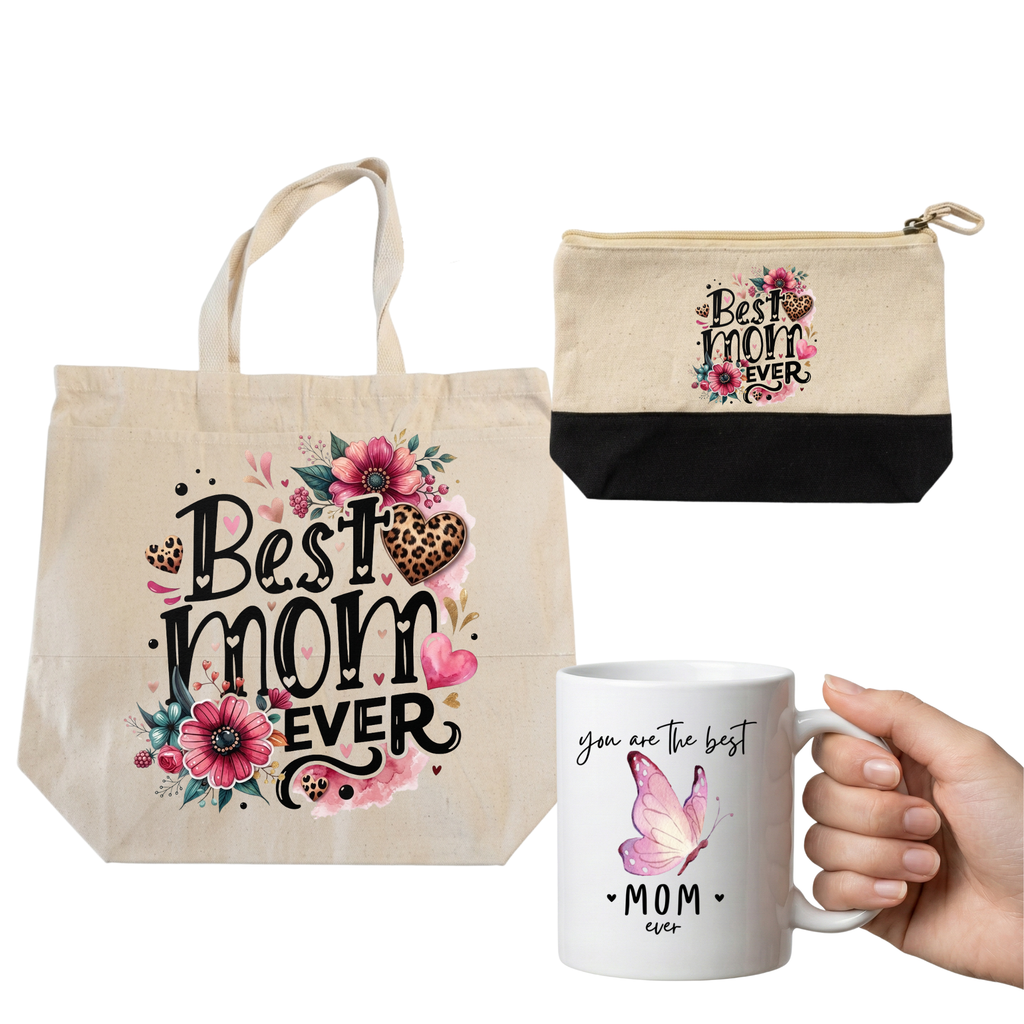 Best Mom Ever Gift Set - 3-Piece Premium Bundle: Canvas Tote Bag, Makeup Pouch & Butterfly Ceramic Mug