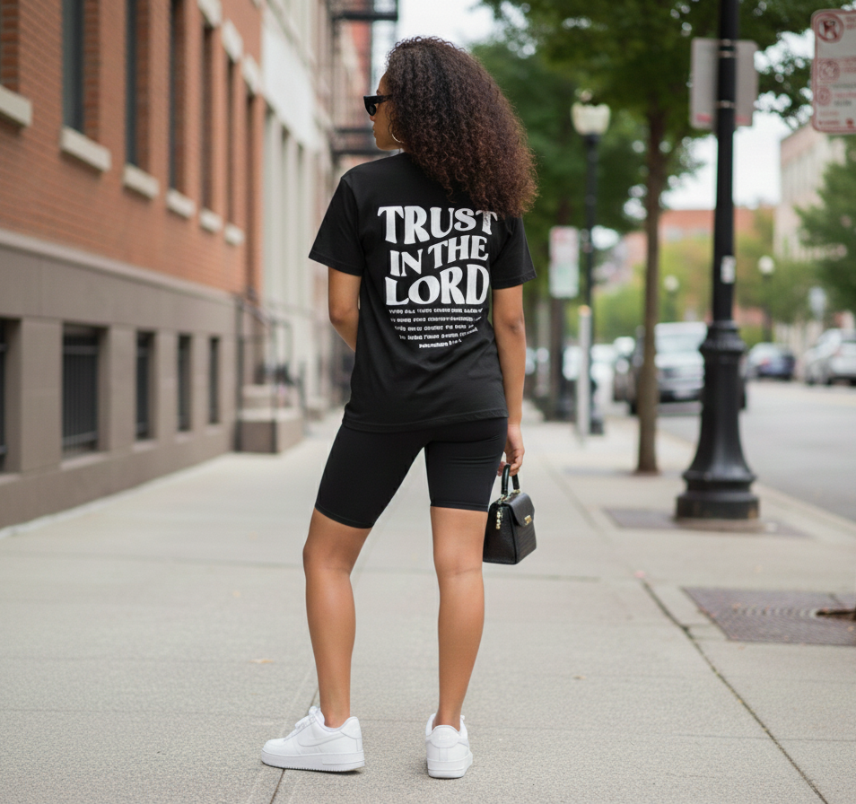 Trust In The Lord T-Shirt | Proverbs 3:5-6 Christian Shirt | Retro Faith Based Back Print Tee | Religious Gift for Men & Women | Bible Verse Top
