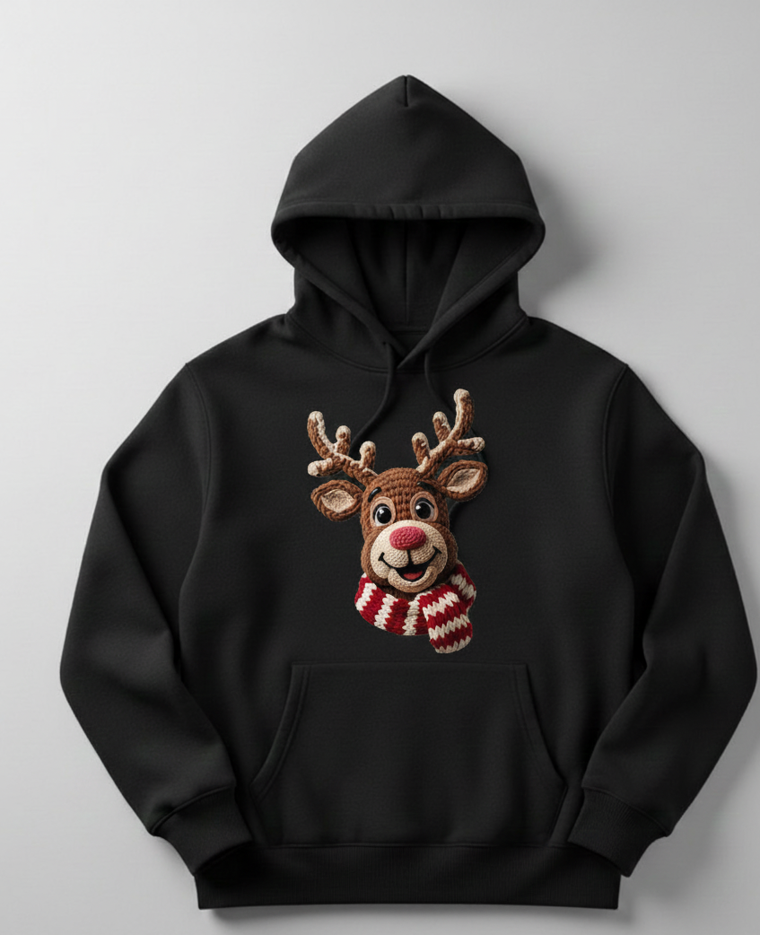 Cute Crochet Reindeer Hoodie 3D Amigurumi Texture Print Soft Christmas Sweatshirt Holiday Gift in Mint Gray & Black