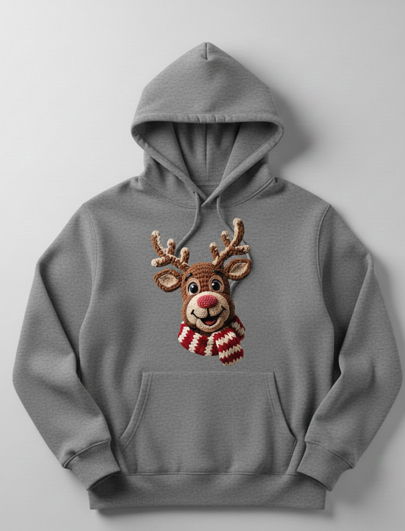 Cute Crochet Reindeer Hoodie 3D Amigurumi Texture Print Soft Christmas Sweatshirt Holiday Gift in Mint Gray & Black