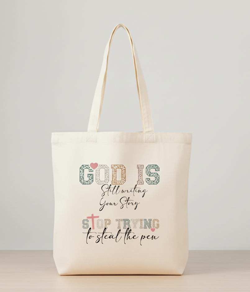 God is Still Writing Your Story Tote Bag Inspirational Canvas for Women Aesthetic Faith-Based Reusable Shopper & Gift