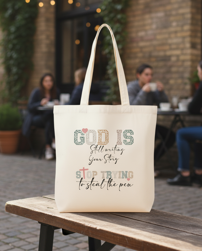 God is Still Writing Your Story Tote Bag Inspirational Canvas for Women Aesthetic Faith-Based Reusable Shopper & Gift