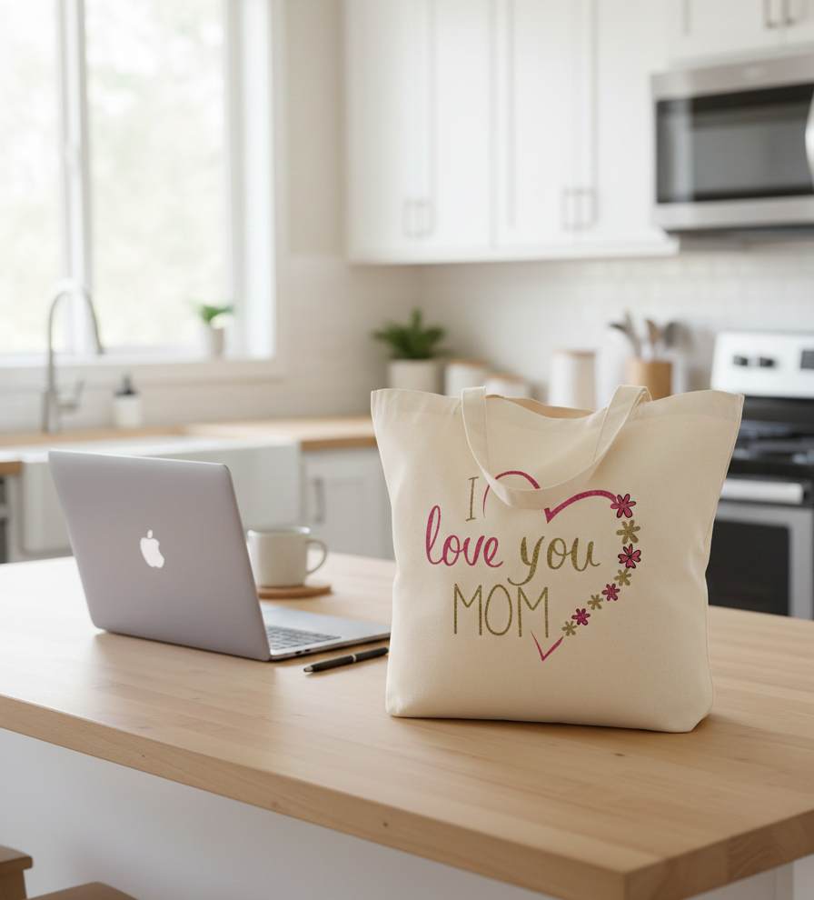 I Love You Mom Canvas Tote Bag Aesthetic Floral Heart Design Reusable Cotton Shoulder Bag for Shopping Groceries Travel Perfect Mother's Day & Birthday Gift Durable Eco-Friendly