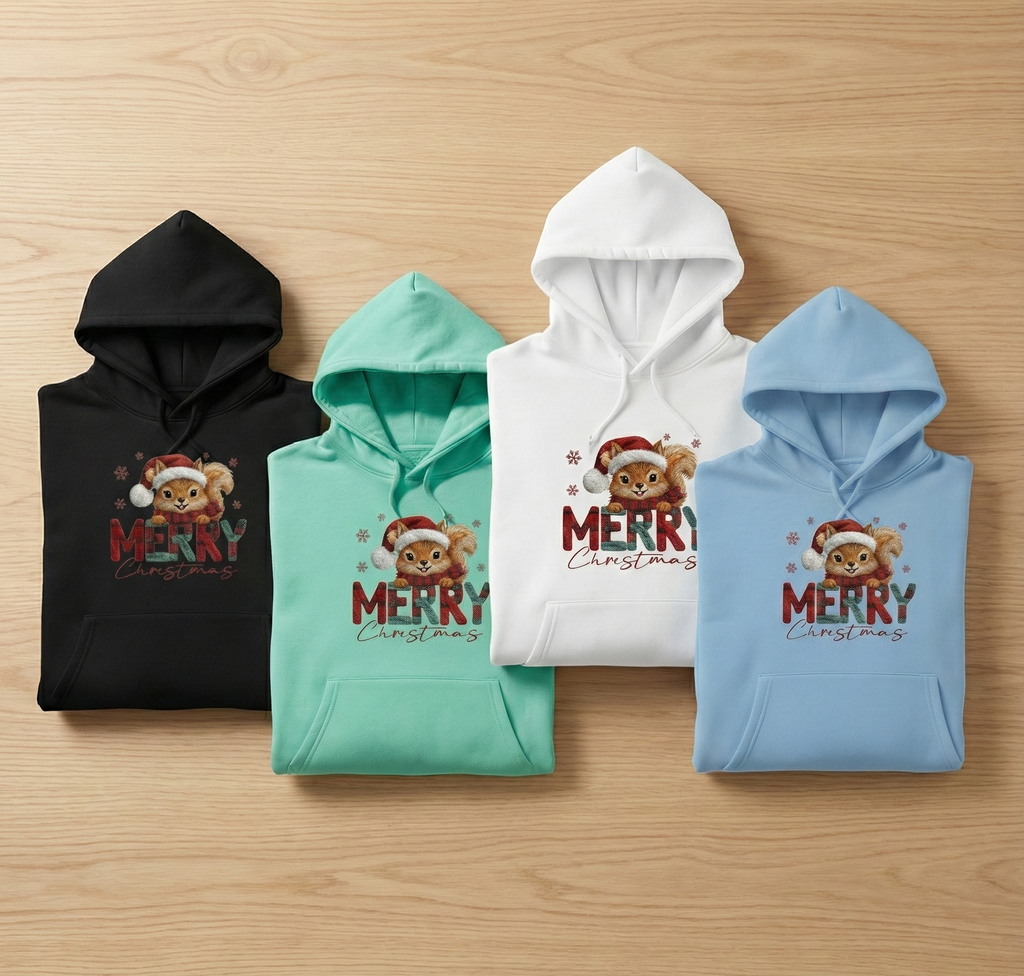 Cute Squirrel Merry Christmas Hoodie - Woodland Holiday Sweatshirt - Festive Plaid Graphic