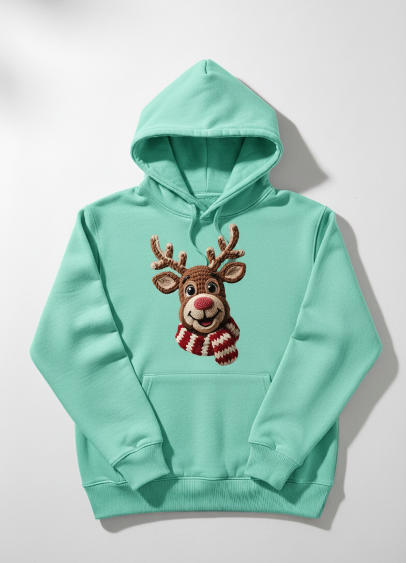 Cute Crochet Reindeer Hoodie 3D Amigurumi Texture Print Soft Christmas Sweatshirt Holiday Gift in Mint Gray & Black