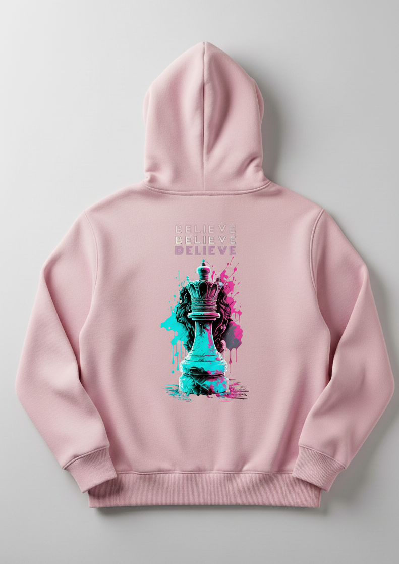 BELIEVE Queen Chess Piece Hoodie Motivational Streetwear Graphic Pullover Sweatshirt for Men & Women Casual