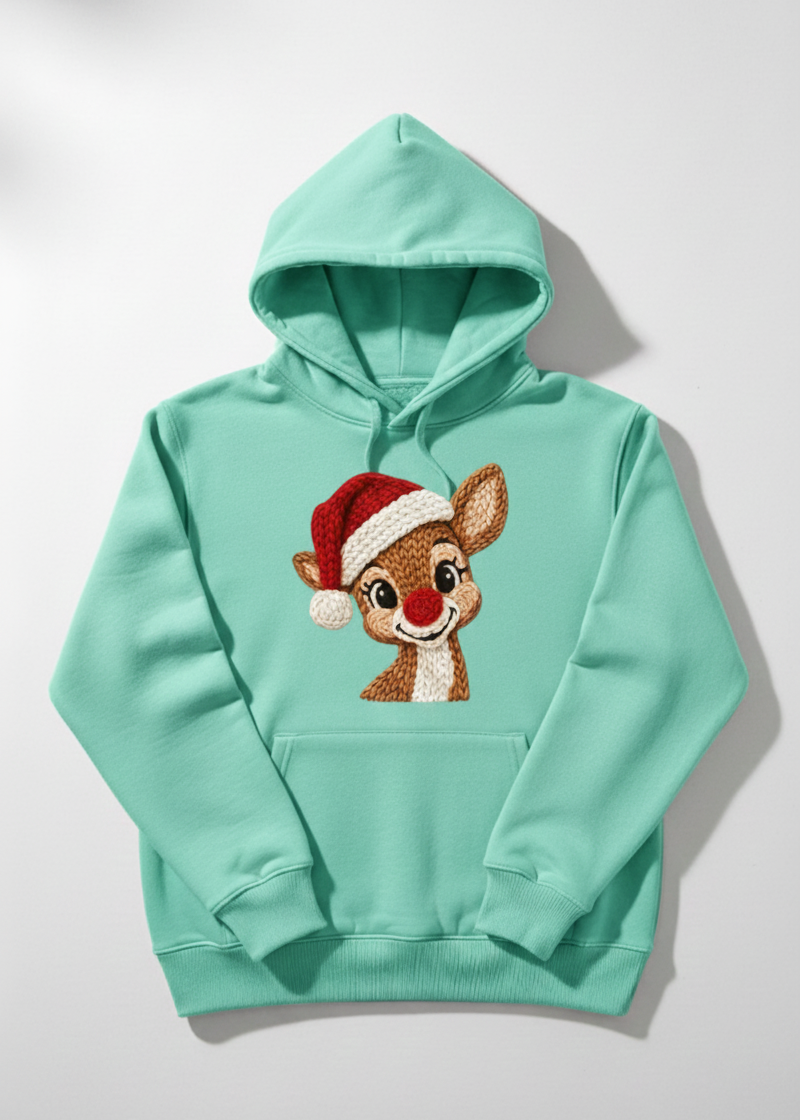 Cute Christmas Reindeer Hoodie | Faux Crochet Embroidery Effect | Amigurumi Style Holiday Sweatshirt | Unisex Winter Gift