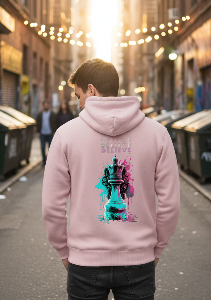 BELIEVE Queen Chess Piece Hoodie Motivational Streetwear Graphic Pullover Sweatshirt for Men & Women Casual