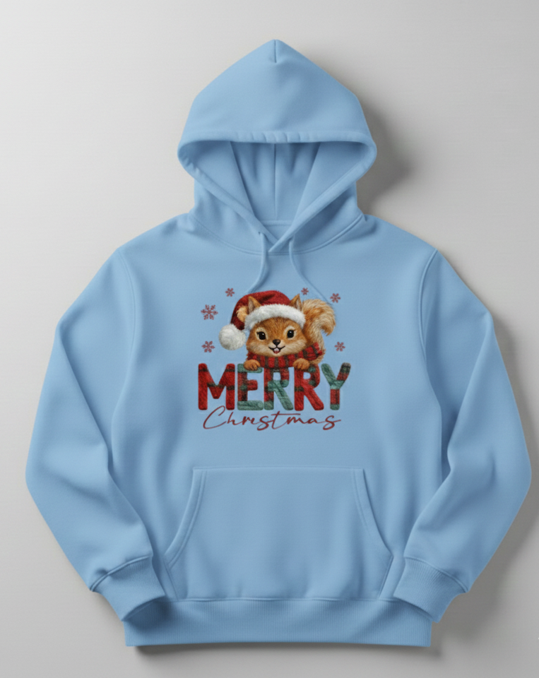 Cute Squirrel Merry Christmas Hoodie - Woodland Holiday Sweatshirt - Festive Plaid Graphic