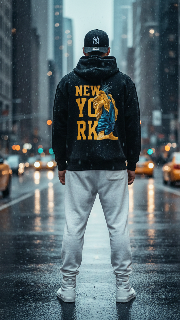 New York Hoodie Statue of Liberty Streetwear Graphic – Urban NYC Style Pullover Sweatshirt – Cool Hip Hop Fashion Gift for Men & Women