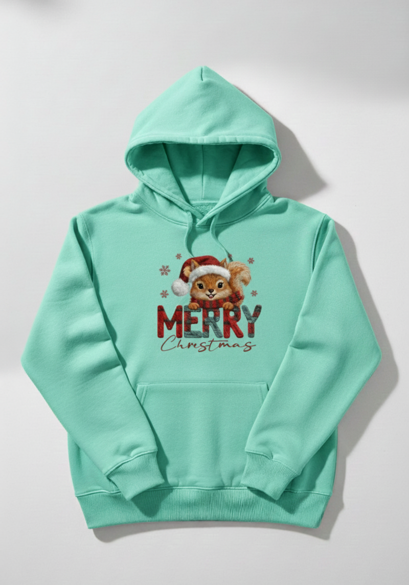 Cute Squirrel Merry Christmas Hoodie - Woodland Holiday Sweatshirt - Festive Plaid Graphic