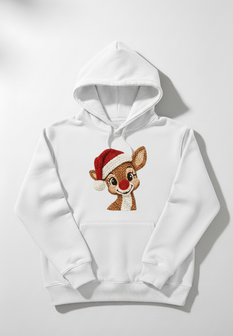 Cute Christmas Reindeer Hoodie | Faux Crochet Embroidery Effect | Amigurumi Style Holiday Sweatshirt | Unisex Winter Gift