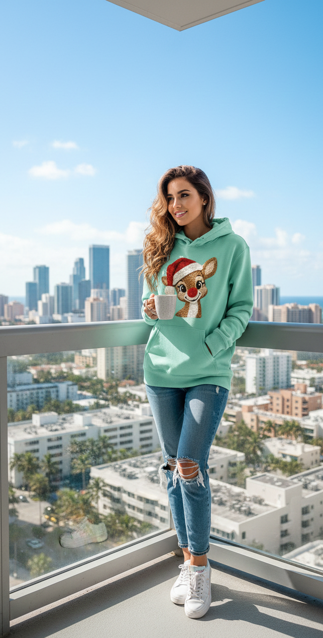 Cute Christmas Reindeer Hoodie | Faux Crochet Embroidery Effect | Amigurumi Style Holiday Sweatshirt | Unisex Winter Gift