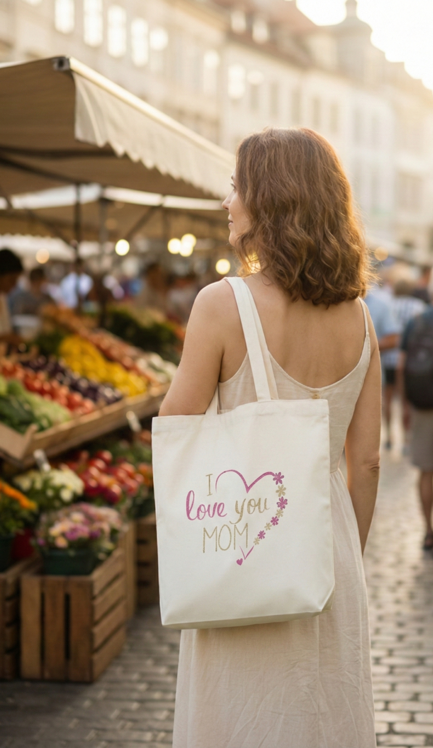 I Love You Mom Canvas Tote Bag Aesthetic Floral Heart Design Reusable Cotton Shoulder Bag for Shopping Groceries Travel Perfect Mother's Day & Birthday Gift Durable Eco-Friendly