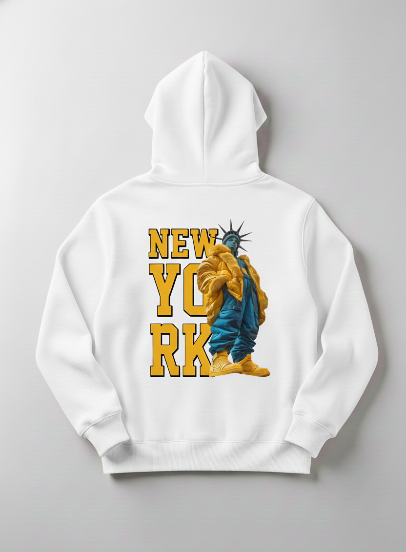 New York Hoodie Statue of Liberty Streetwear Graphic – Urban NYC Style Pullover Sweatshirt – Cool Hip Hop Fashion Gift for Men & Women