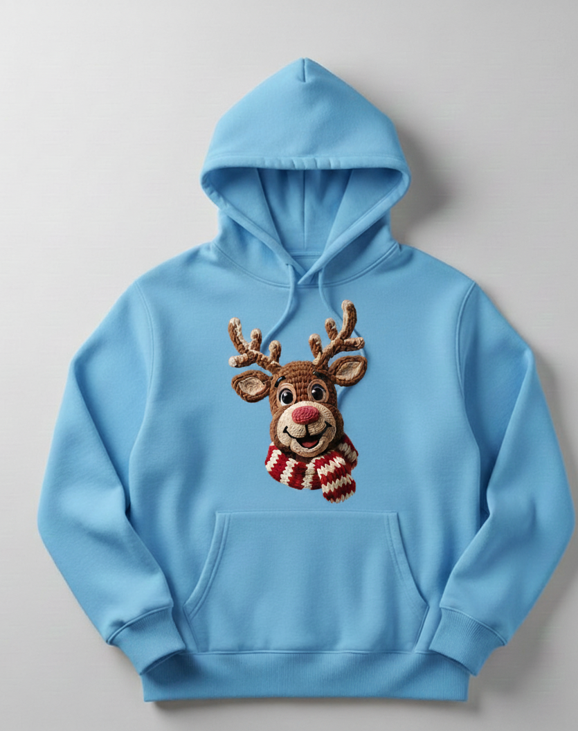 Cute Crochet Reindeer Hoodie 3D Amigurumi Texture Print Soft Christmas Sweatshirt Holiday Gift in Mint Gray & Black