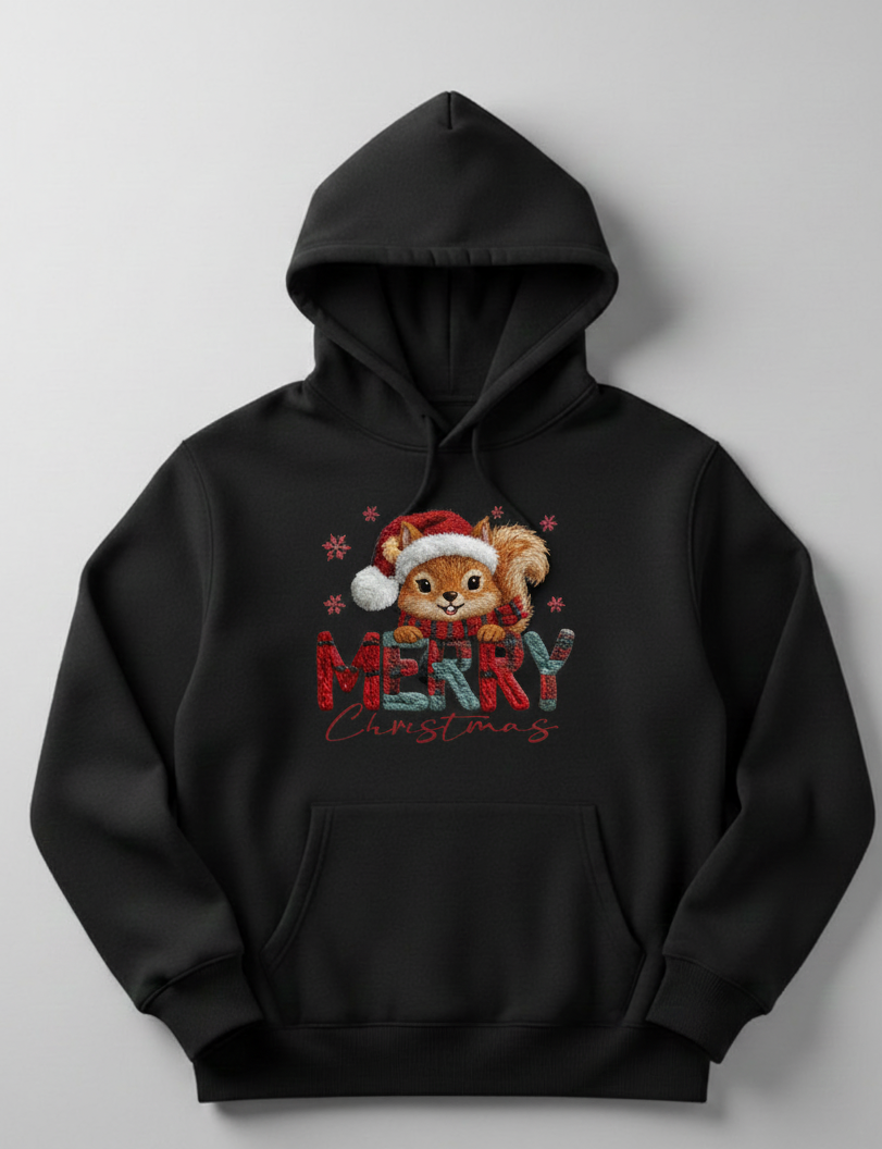 Cute Squirrel Merry Christmas Hoodie - Woodland Holiday Sweatshirt - Festive Plaid Graphic
