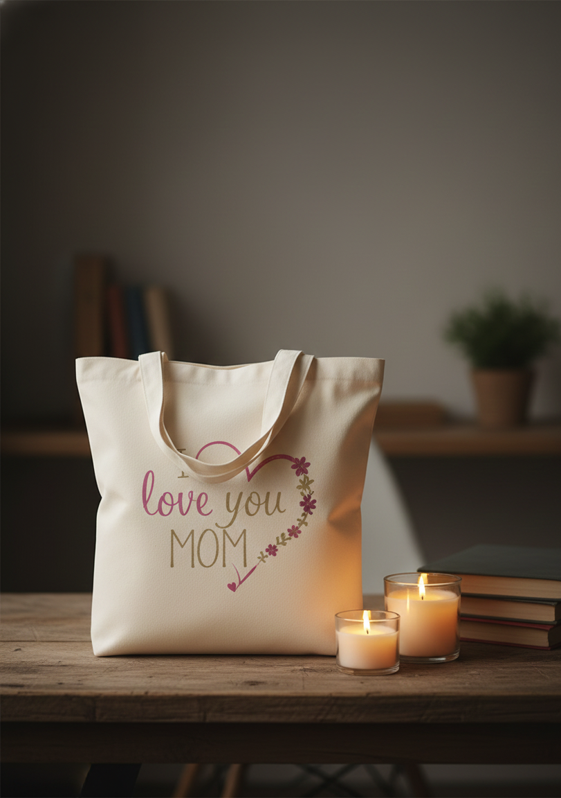 I Love You Mom Canvas Tote Bag Aesthetic Floral Heart Design Reusable Cotton Shoulder Bag for Shopping Groceries Travel Perfect Mother's Day & Birthday Gift Durable Eco-Friendly