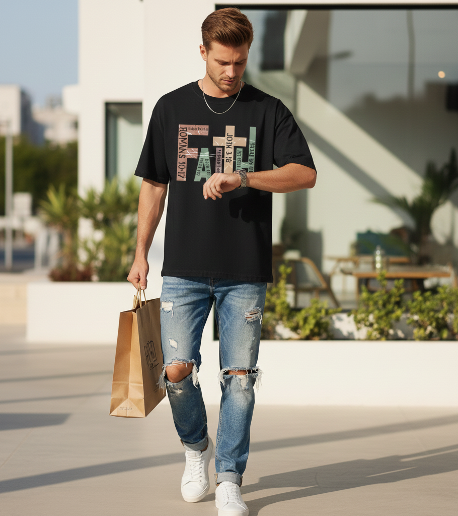 Faith Christian T-Shirt with Bible Verses - Vintage Distressed Cross Design - Religious Scripture Gift for Men