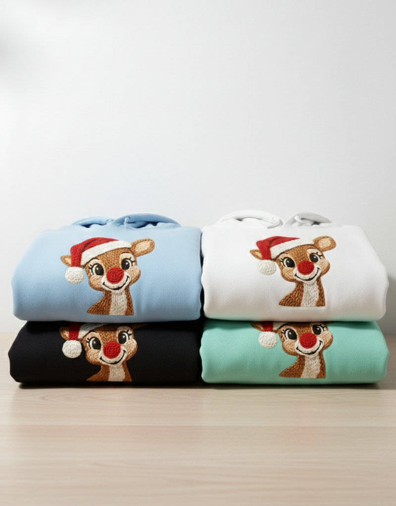 Cute Christmas Reindeer Hoodie | Faux Crochet Embroidery Effect | Amigurumi Style Holiday Sweatshirt | Unisex Winter Gift