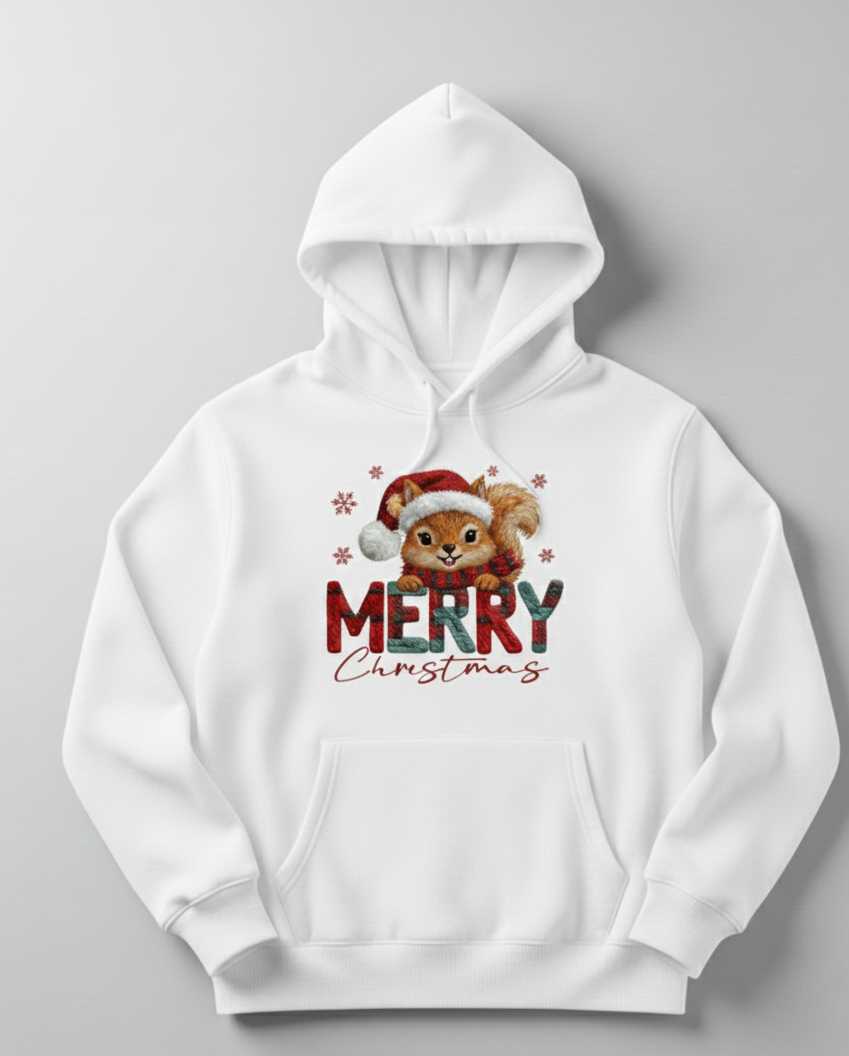 Cute Squirrel Merry Christmas Hoodie - Woodland Holiday Sweatshirt - Festive Plaid Graphic