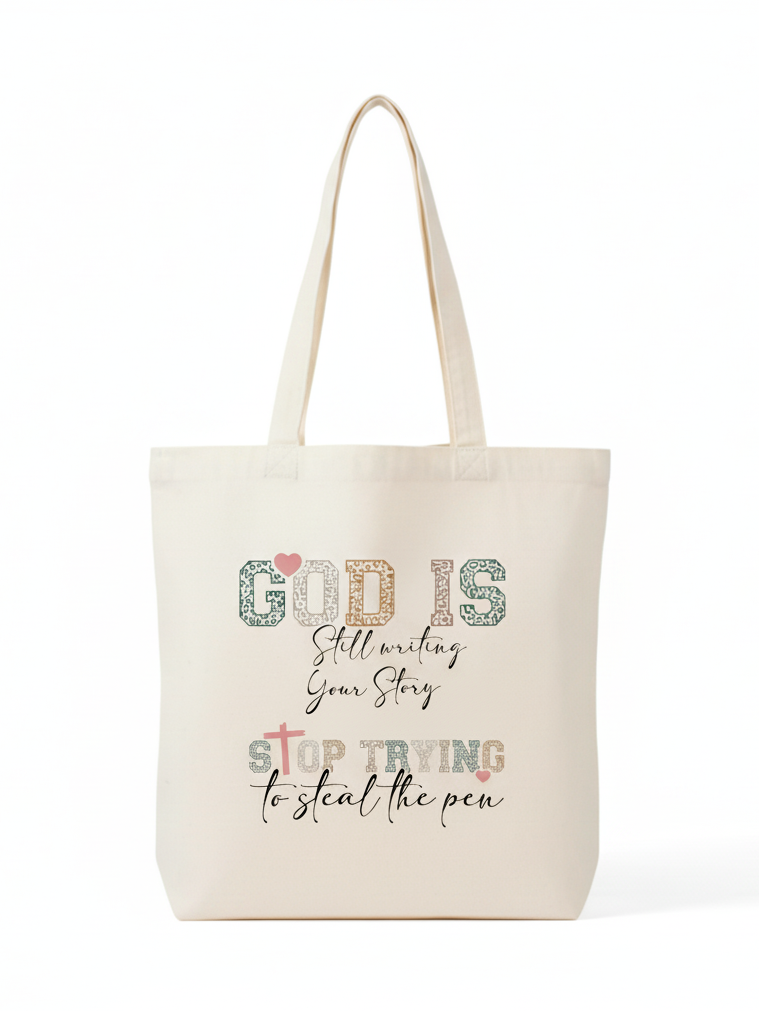 God is Still Writing Your Story Tote Bag Inspirational Canvas for Women Aesthetic Faith-Based Reusable Shopper & Gift