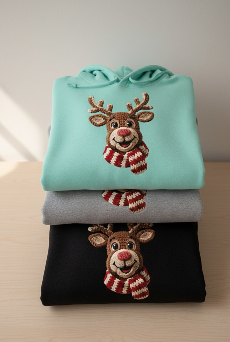 Cute Crochet Reindeer Hoodie 3D Amigurumi Texture Print Soft Christmas Sweatshirt Holiday Gift in Mint Gray & Black