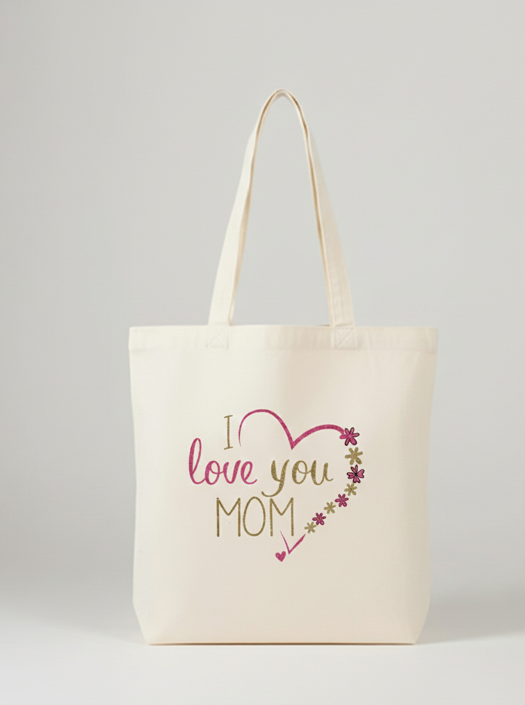 I Love You Mom Canvas Tote Bag Aesthetic Floral Heart Design Reusable Cotton Shoulder Bag for Shopping Groceries Travel Perfect Mother's Day & Birthday Gift Durable Eco-Friendly