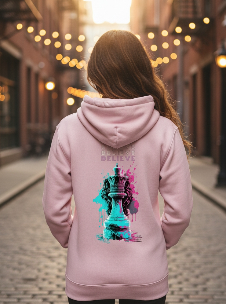 BELIEVE Queen Chess Piece Hoodie Motivational Streetwear Graphic Pullover Sweatshirt for Men & Women Casual