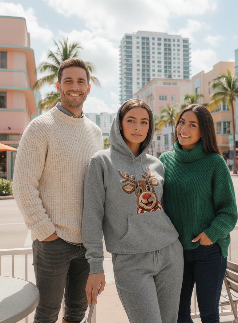 Cute Crochet Reindeer Hoodie 3D Amigurumi Texture Print Soft Christmas Sweatshirt Holiday Gift in Mint Gray & Black