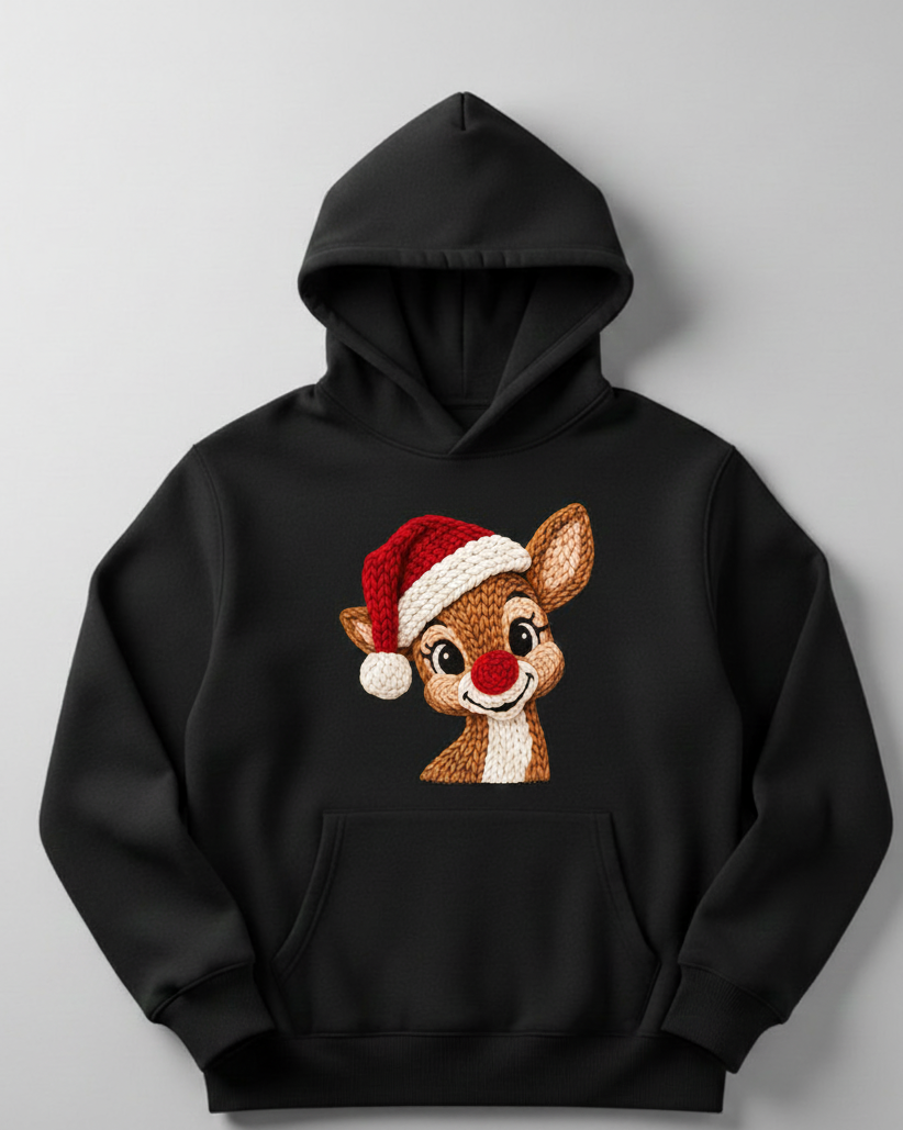 Cute Christmas Reindeer Hoodie | Faux Crochet Embroidery Effect | Amigurumi Style Holiday Sweatshirt | Unisex Winter Gift