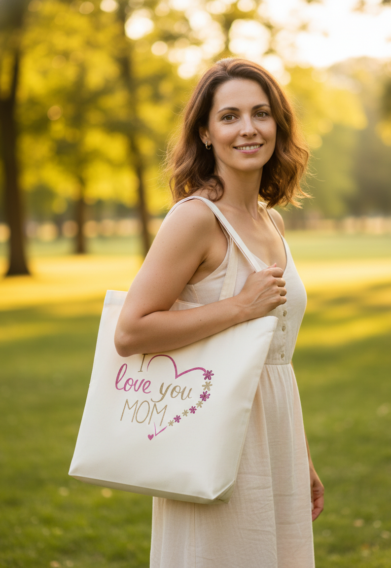 I Love You Mom Canvas Tote Bag Aesthetic Floral Heart Design Reusable Cotton Shoulder Bag for Shopping Groceries Travel Perfect Mother's Day & Birthday Gift Durable Eco-Friendly