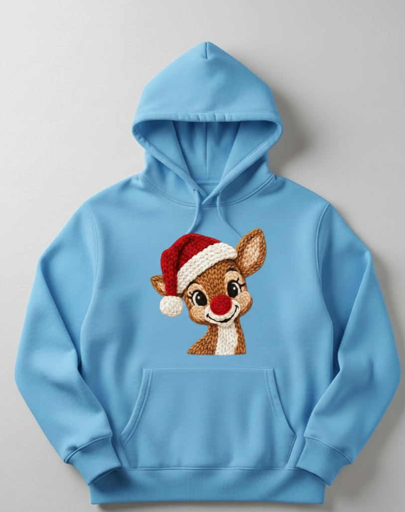 Cute Christmas Reindeer Hoodie | Faux Crochet Embroidery Effect | Amigurumi Style Holiday Sweatshirt | Unisex Winter Gift