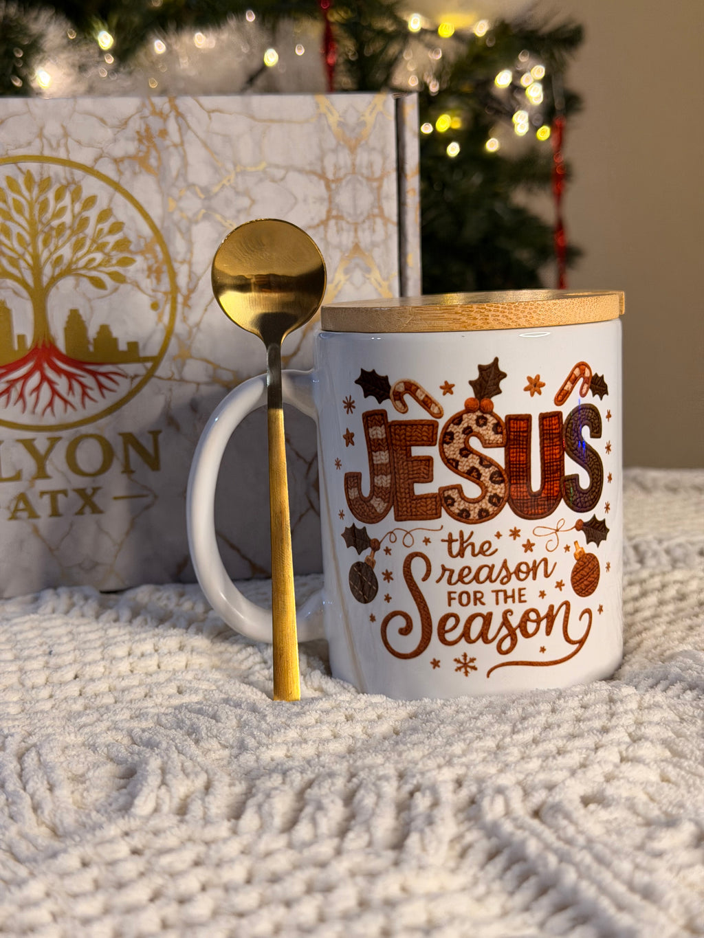 Premium Christmas Mug Gift Set (11oz) w/ Bamboo Lid & Gold Spoon | Cozy Christian & Holiday Designs - ELYON ATX