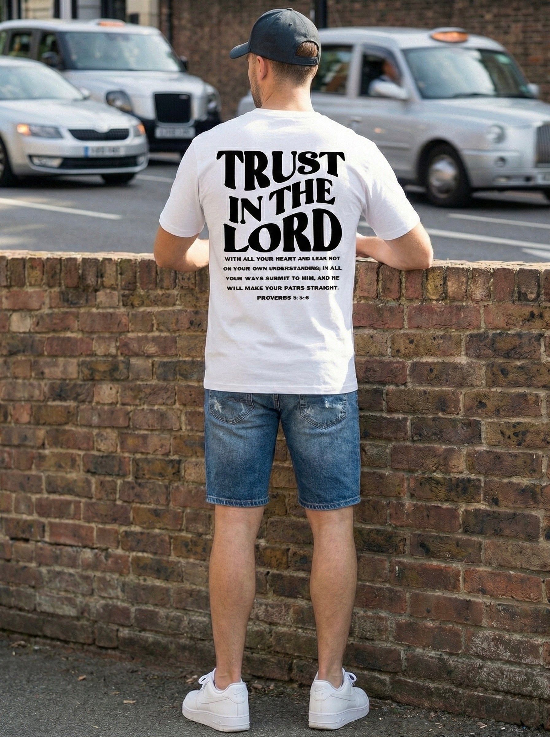 Trust In The Lord T-Shirt | Proverbs 3:5-6 Christian Shirt | Retro Faith Based Back Print Tee | Religious Gift for Men & Women | Bible Verse Top