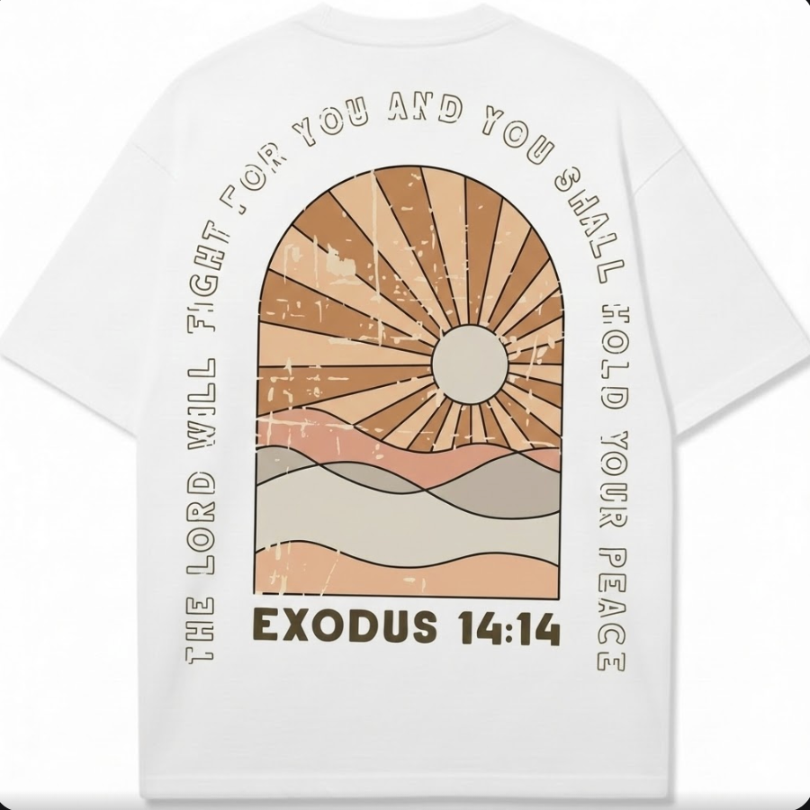 Exodus 14:14 Retro Christian T-Shirt | Faith Based Apparel | Oversized Boho Sunburst Tee for Men & Women | Front & Back Print