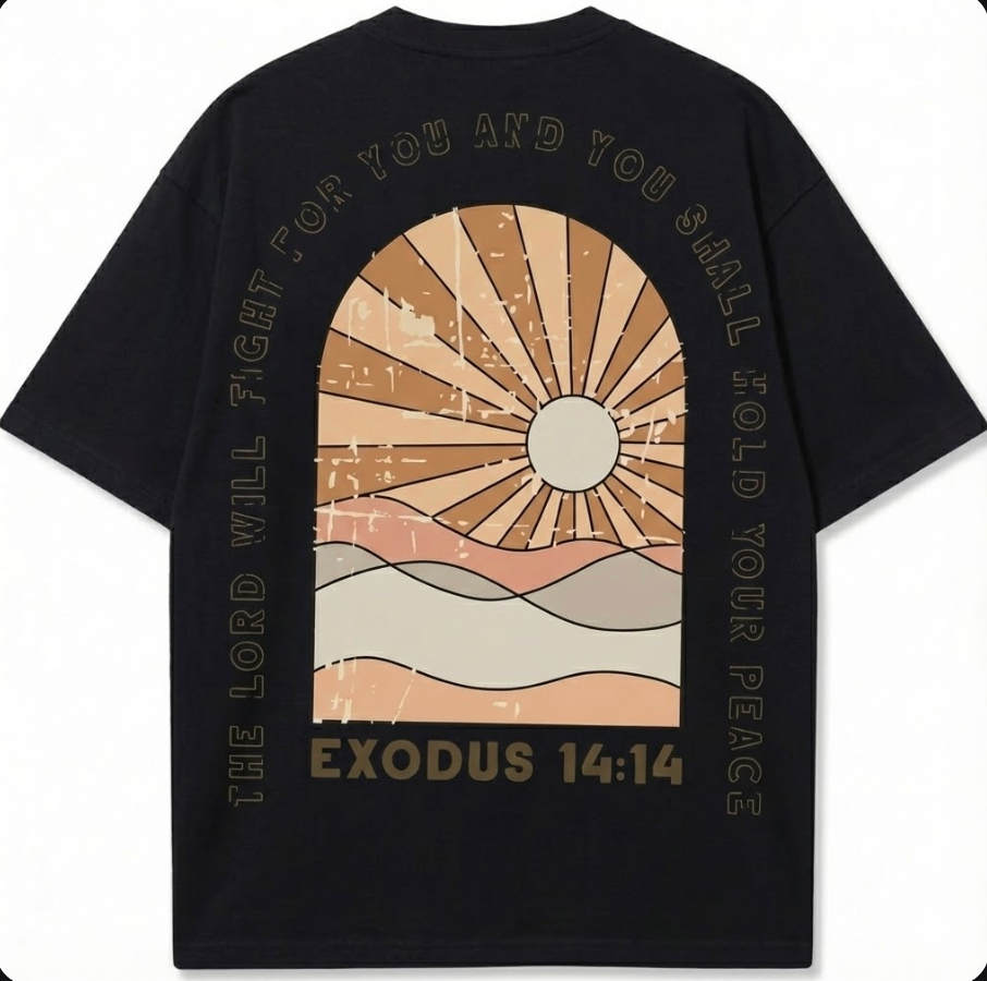 Exodus 14:14 Retro Christian T-Shirt | Faith Based Apparel | Oversized Boho Sunburst Tee for Men & Women | Front & Back Print