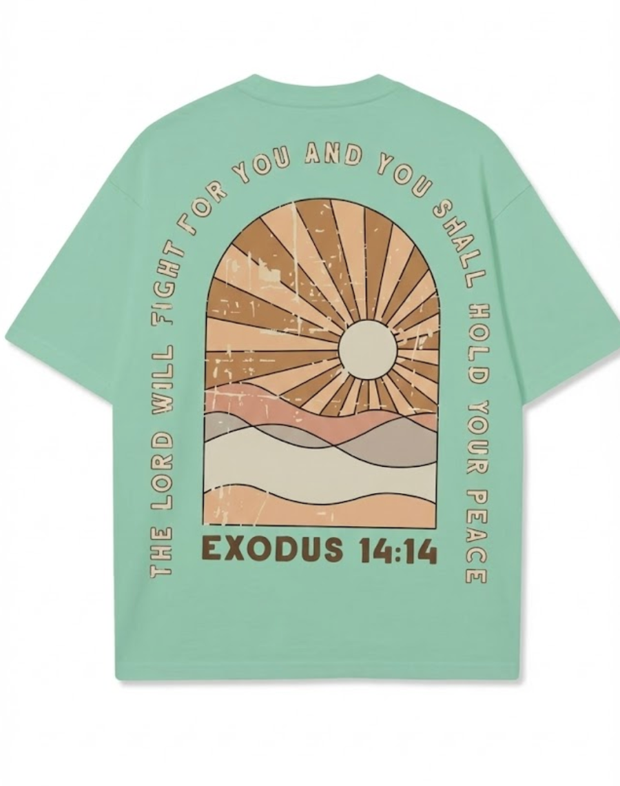 Exodus 14:14 Retro Christian T-Shirt | Faith Based Apparel | Oversized Boho Sunburst Tee for Men & Women | Front & Back Print