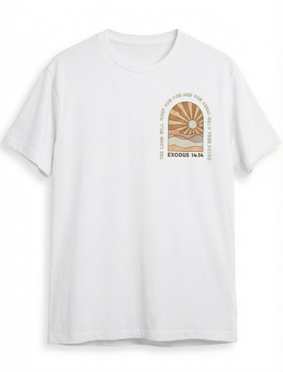 Exodus 14:14 Retro Christian T-Shirt | Faith Based Apparel | Oversized Boho Sunburst Tee for Men & Women | Front & Back Print