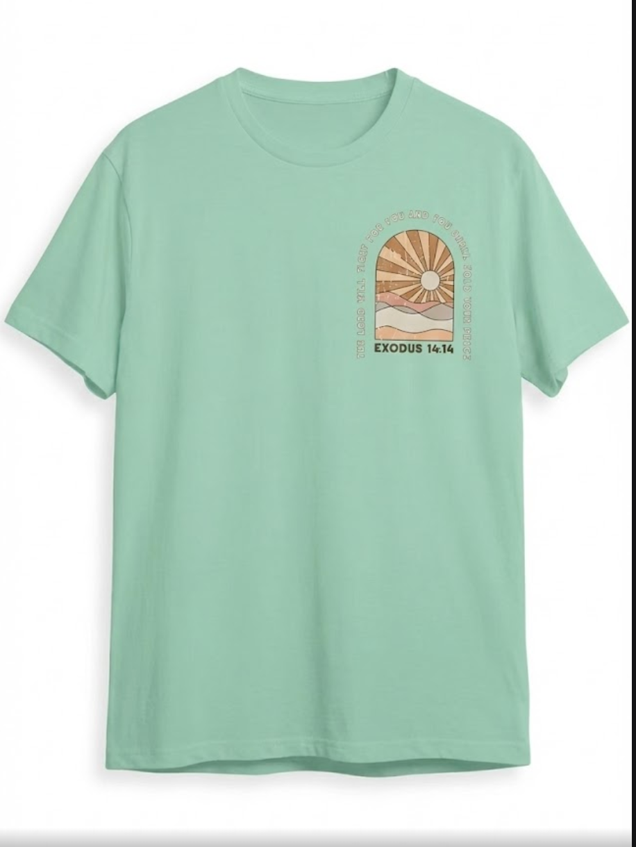 Exodus 14:14 Retro Christian T-Shirt | Faith Based Apparel | Oversized Boho Sunburst Tee for Men & Women | Front & Back Print