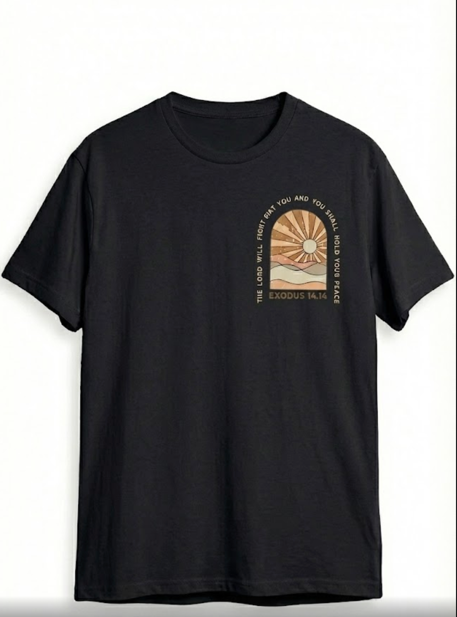 Exodus 14:14 Retro Christian T-Shirt | Faith Based Apparel | Oversized Boho Sunburst Tee for Men & Women | Front & Back Print