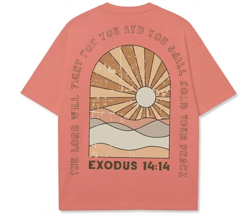 Exodus 14:14 Retro Christian T-Shirt | Faith Based Apparel | Oversized Boho Sunburst Tee for Men & Women | Front & Back Print