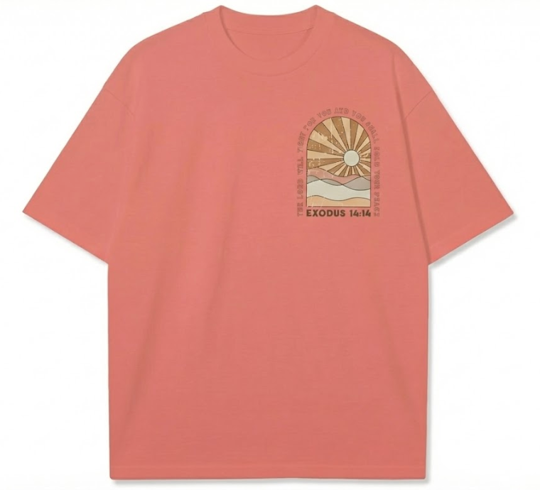 Exodus 14:14 Retro Christian T-Shirt | Faith Based Apparel | Oversized Boho Sunburst Tee for Men & Women | Front & Back Print