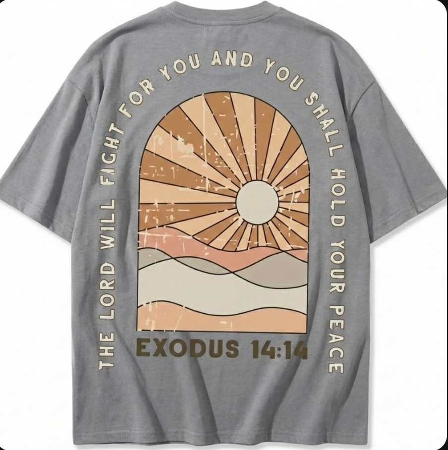 Exodus 14:14 Retro Christian T-Shirt | Faith Based Apparel | Oversized Boho Sunburst Tee for Men & Women | Front & Back Print