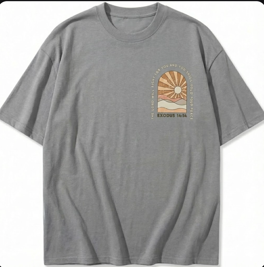Exodus 14:14 Retro Christian T-Shirt | Faith Based Apparel | Oversized Boho Sunburst Tee for Men & Women | Front & Back Print