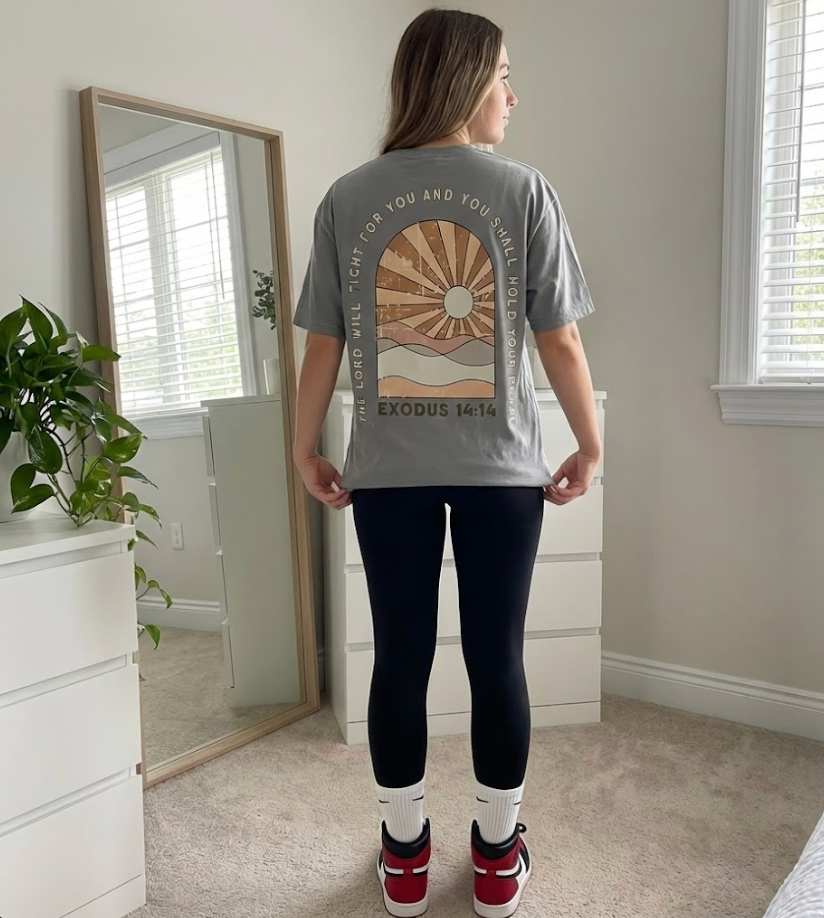 Exodus 14:14 Retro Christian T-Shirt | Faith Based Apparel | Oversized Boho Sunburst Tee for Men & Women | Front & Back Print