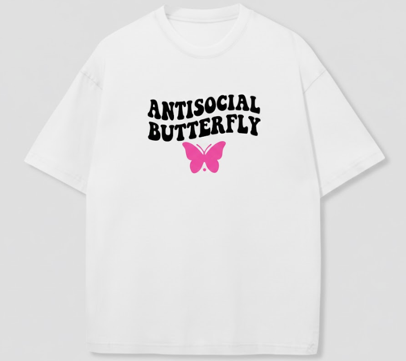 Antisocial Butterfly Oversized Graphic Tee Y2K Aesthetic Streetwear Unisex Cotton T-Shirt with Retro Wavy Font and Soft Breathable Fabric