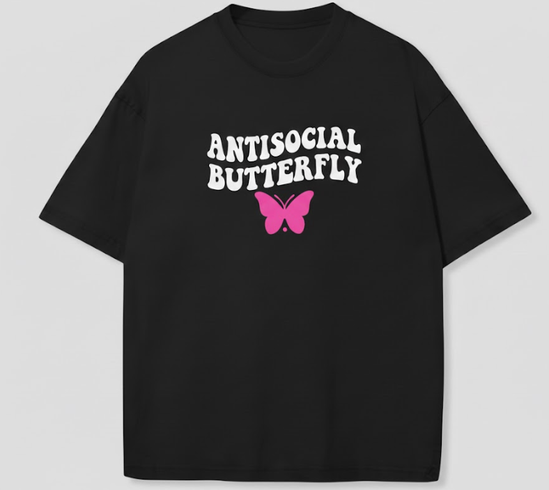 Antisocial Butterfly Oversized Graphic Tee Y2K Aesthetic Streetwear Unisex Cotton T-Shirt with Retro Wavy Font and Soft Breathable Fabric